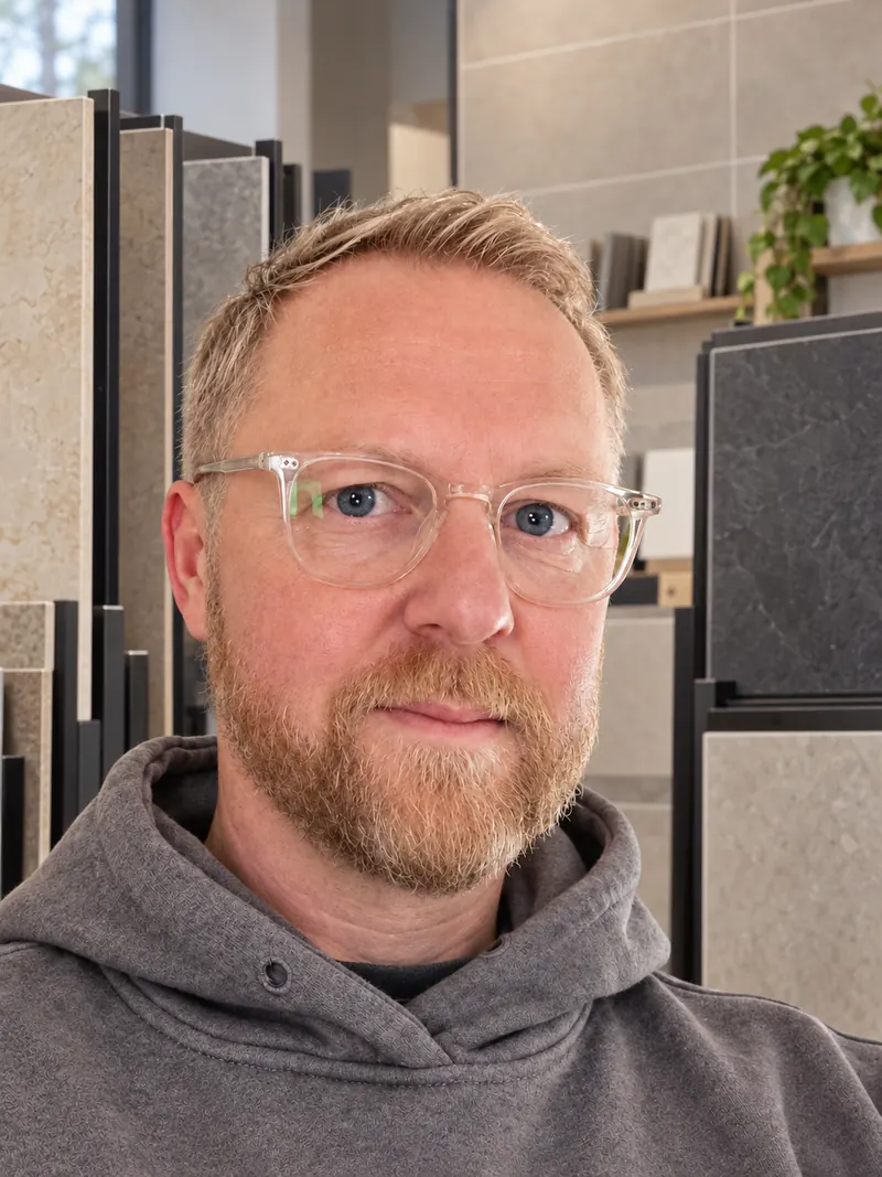 Porträt von Thomas Nicke vor einer Fliesenausstellung